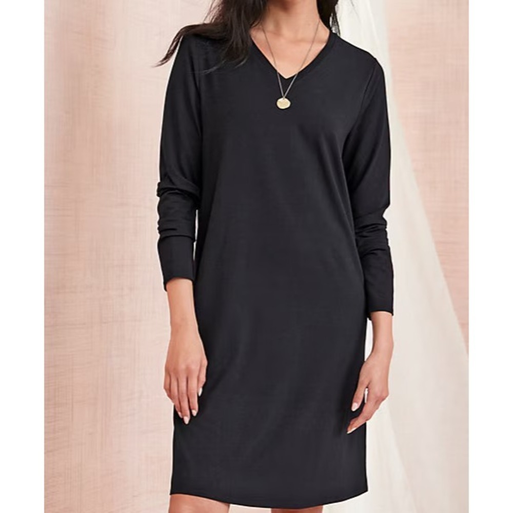 EILEEN FISHER Dress Size LARGE Black Jersey Tencel V-Neck Long Sleeve